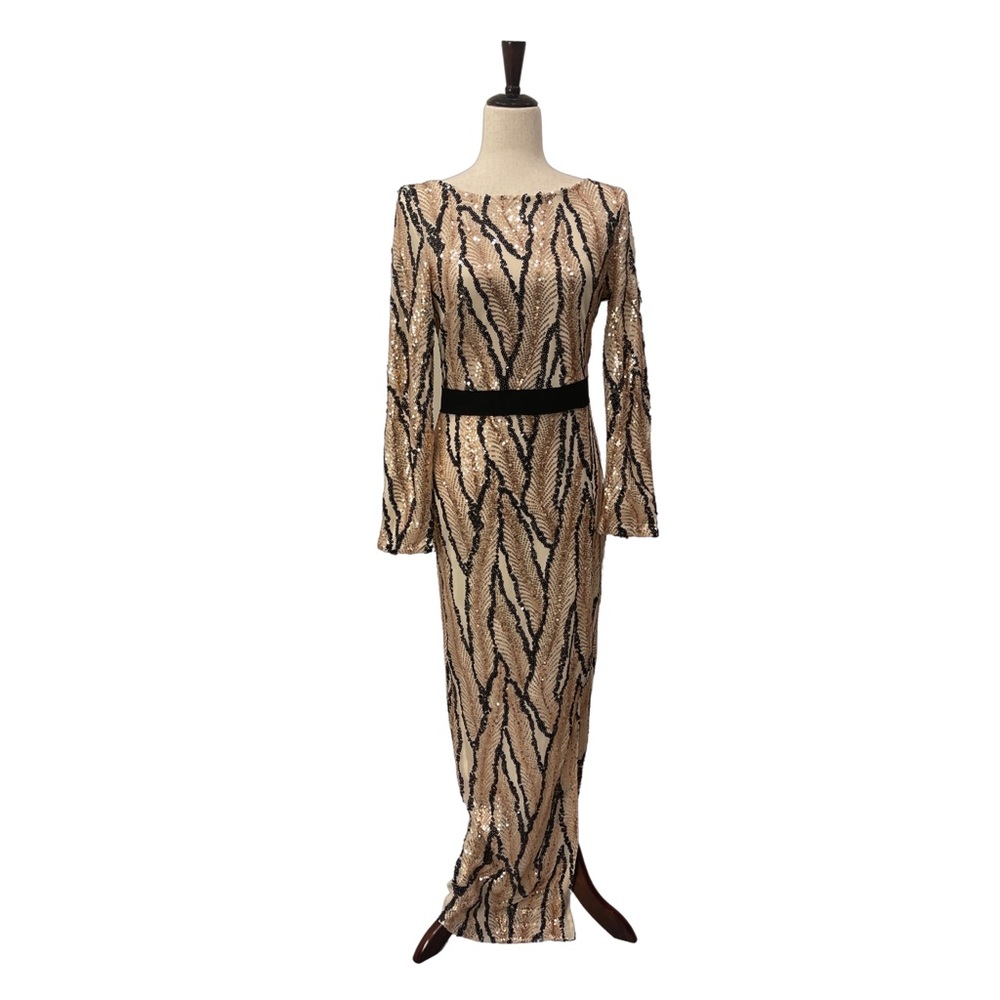 Sequins cream beige black maxi gown floor length size extra large holiday formal